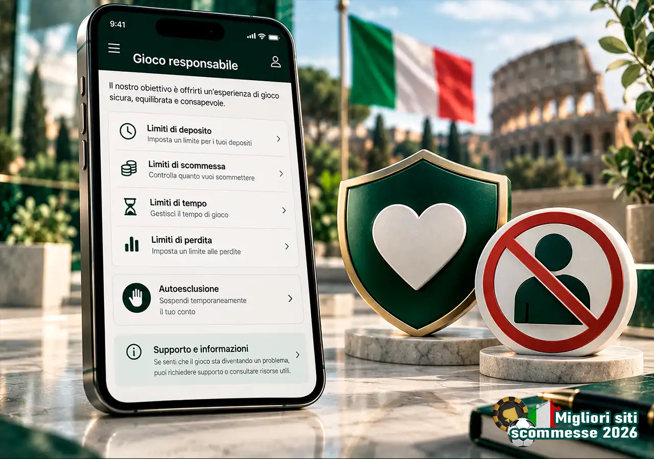 Gioco responsabile su mobile con simbolo di protezione e strumenti di autoesclusione.