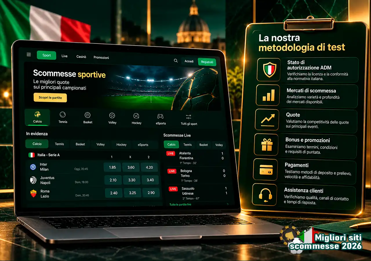 Metodo di valutazione dei bookmaker ADM con checklist di sei criteri principali.