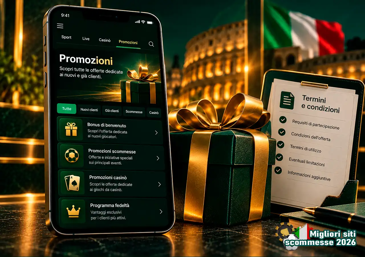 Bonus di benvenuto su mobile con confezione regalo e scheda delle condizioni promozionali.